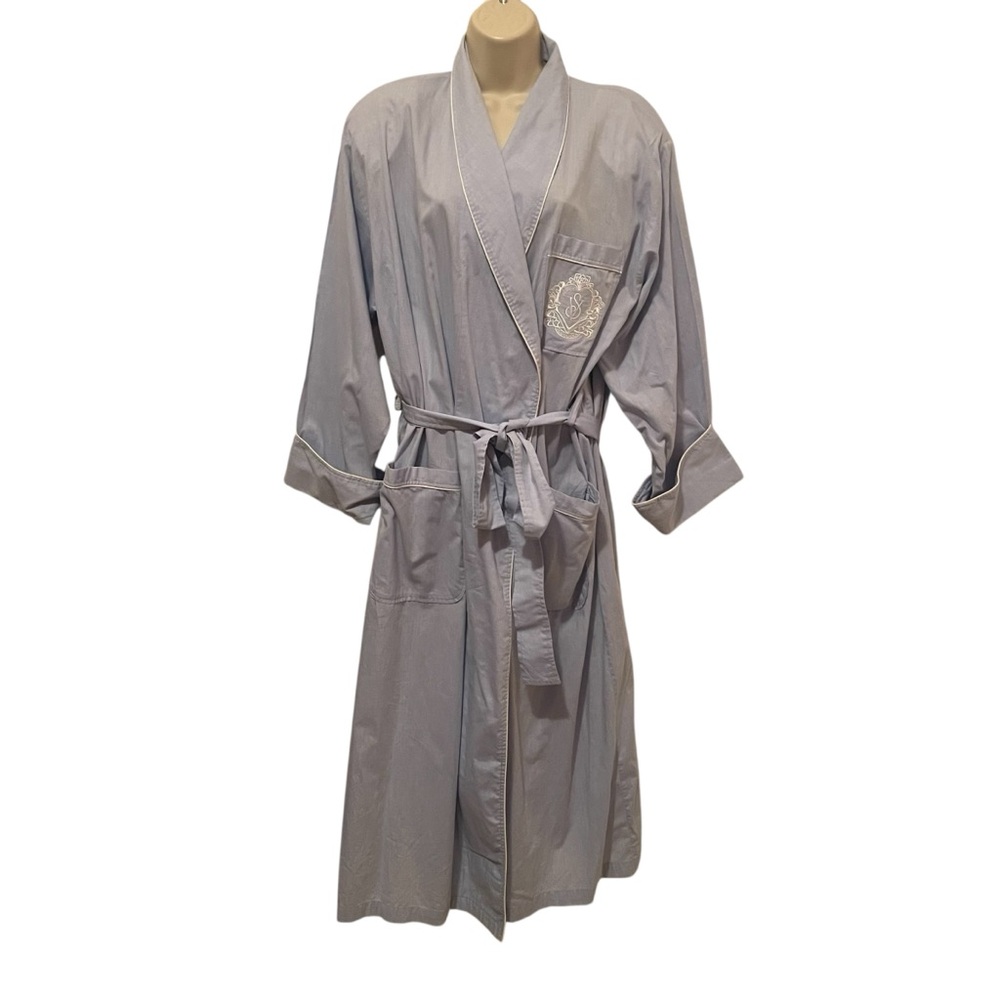 Vintage Victoria Secret Blue White Piping 100% Cotton Bathrobe Pockets Med/Large